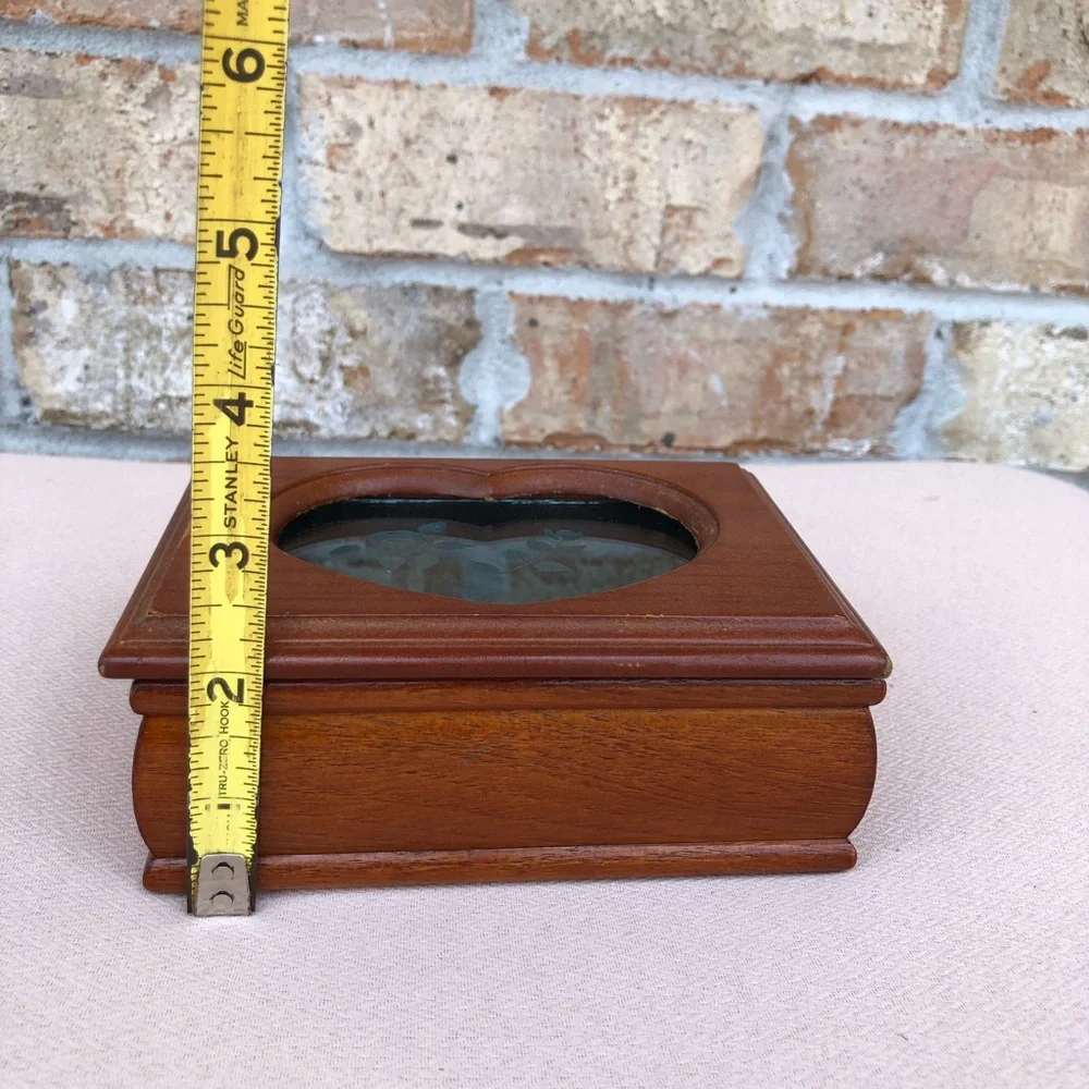 Vintage Solid Wood Small Jewelry Box, Heart Shape Etched Glass Window, Padded
